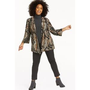 Kasper X Large Open Front Cardigan – Abstract Chocolate,‎ Silver & Tan Print